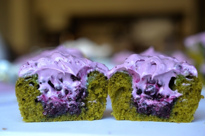 Matcha Blueberry Cupcakes with Blueberry Cream Cheese Frosting oozing compote
