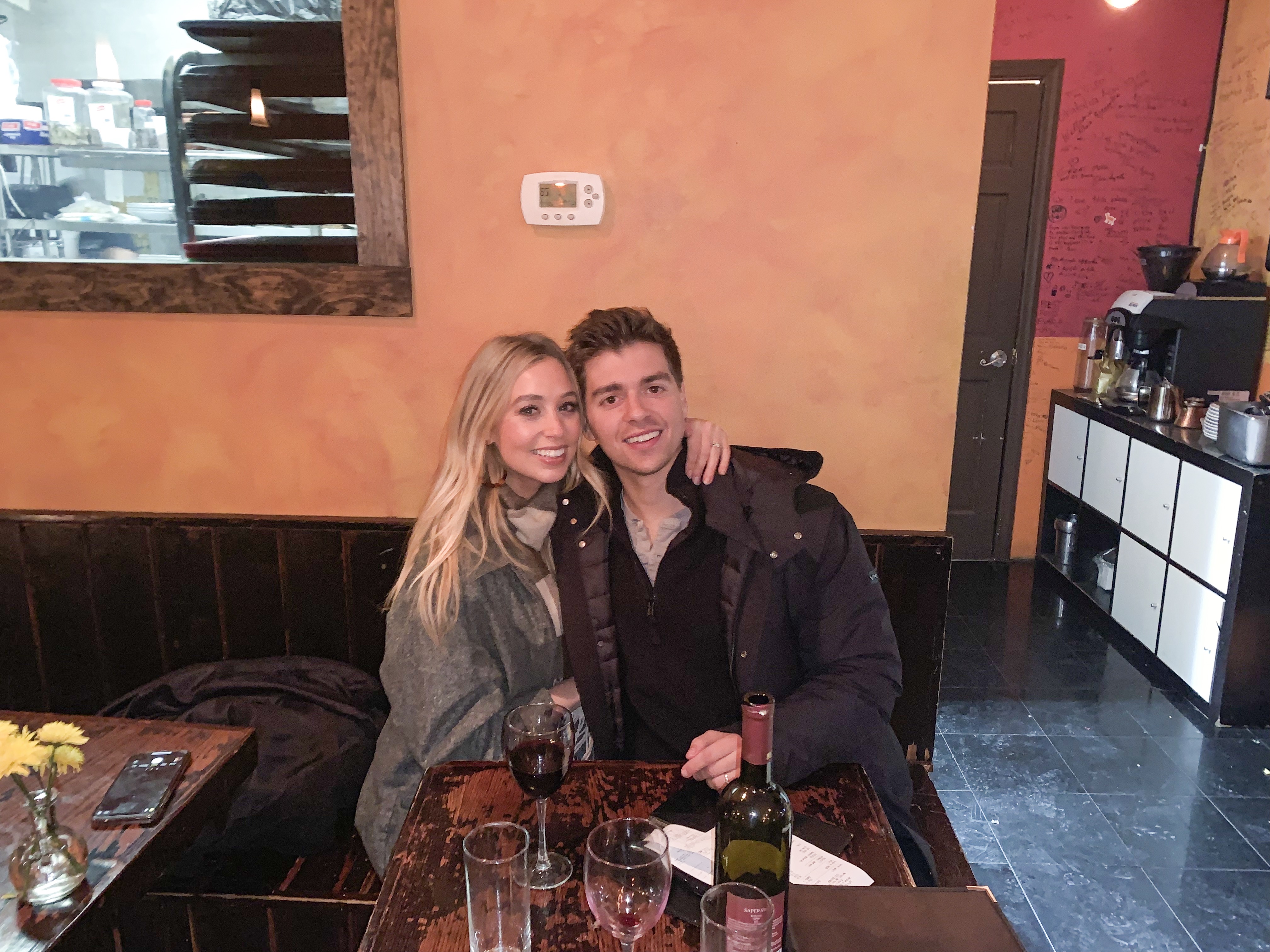 skyler bouchard and sebastian oppenheim smiling on a date in nyc east village