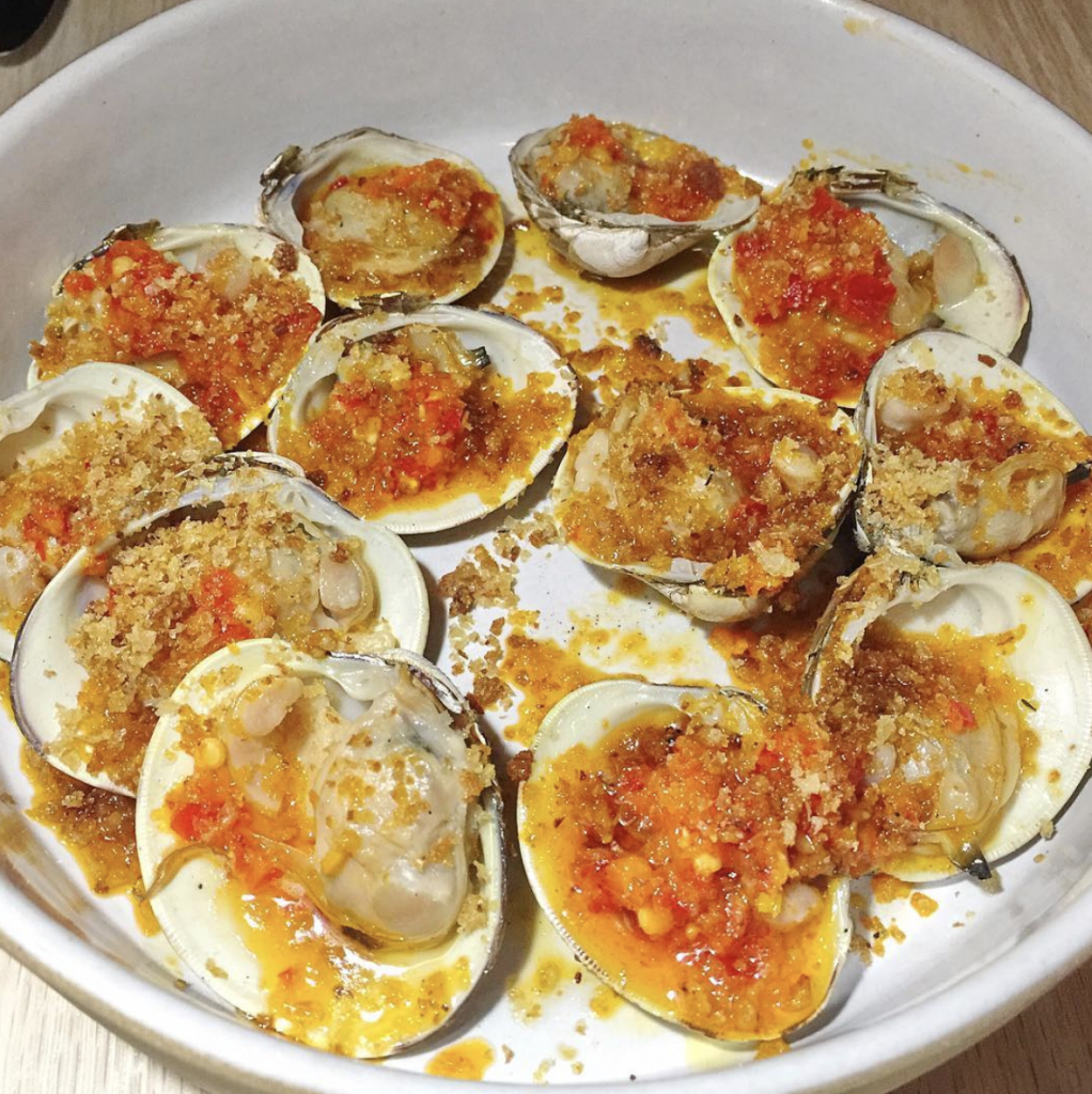 Grilled Clams, Calabrian Chili, Breadcrumbs