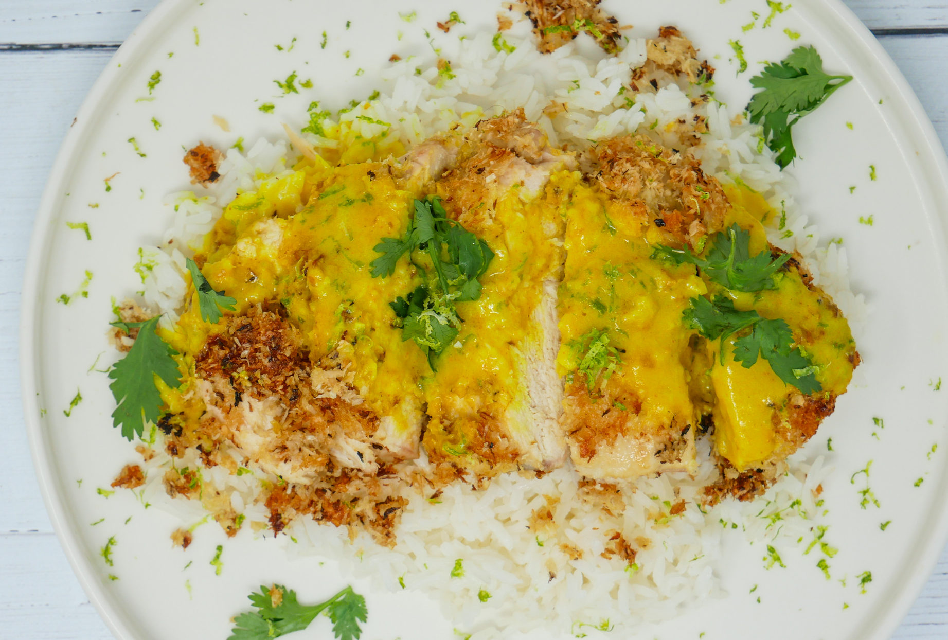 coconut turmeric lime sauce on coconut chicken