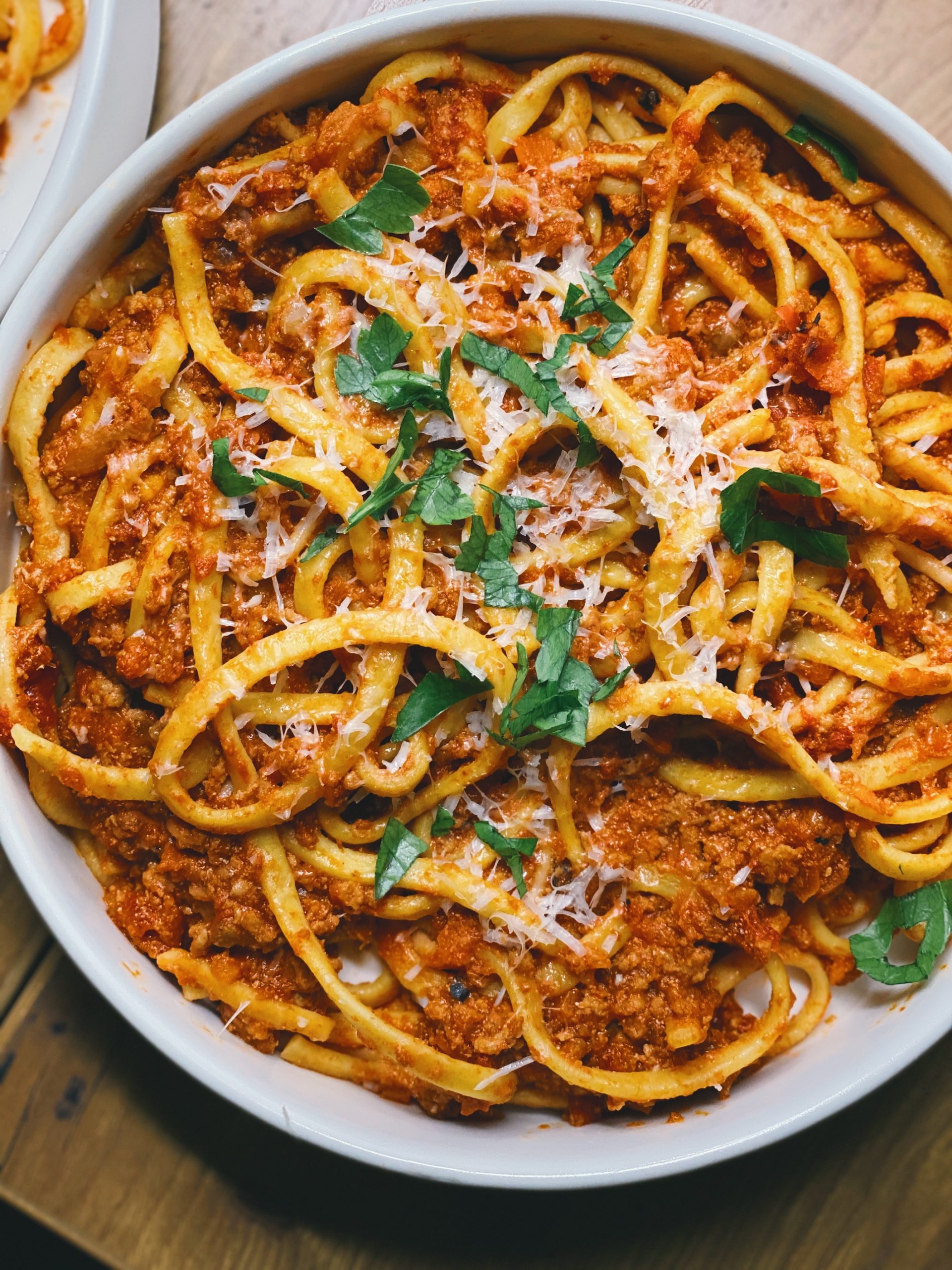 a big bowl of fettuccine with homemade bolognese sauce