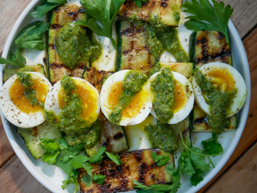 avocado chimichurri with soft boiled eggs and zucchini