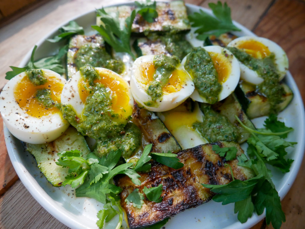 avocado chimichurri with soft boiled eggs and zucchini