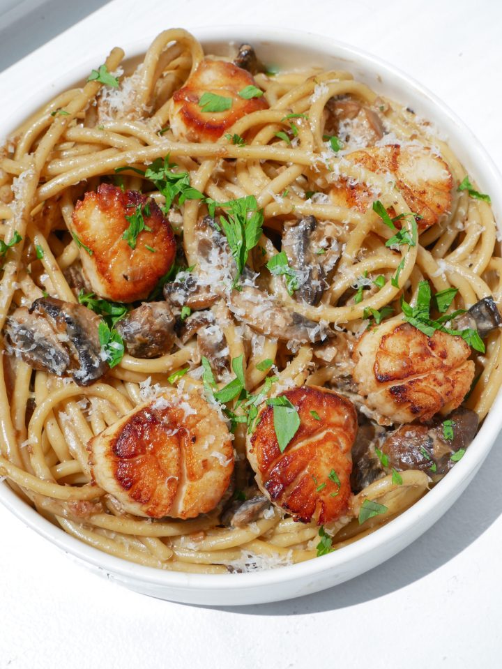 creamy mushroom bucatini seared scallops