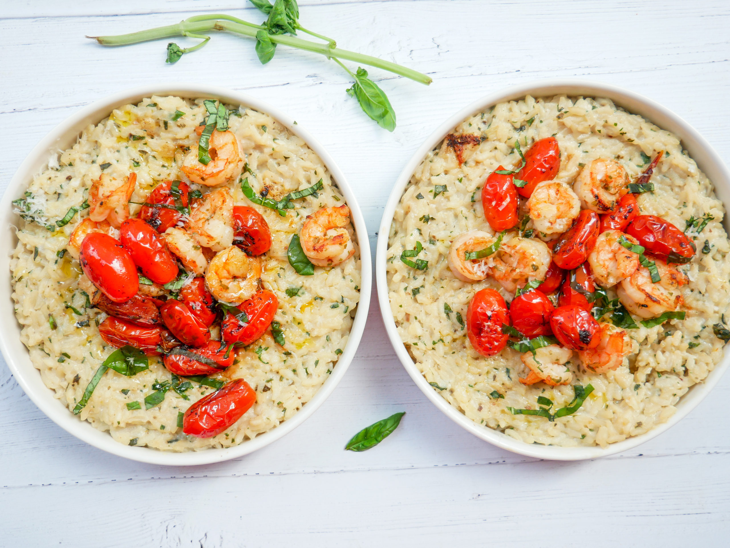 creamy basil garlic risotto with shrimp and tomatoes
