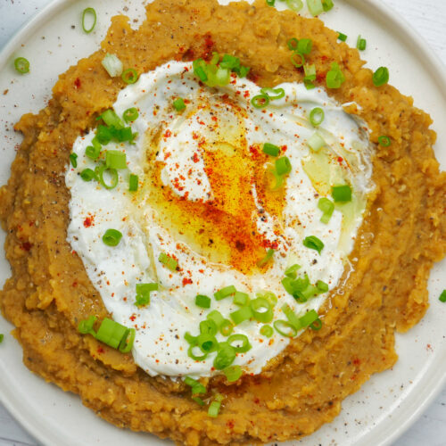 red lentil mash with labneh and chives