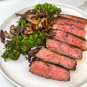 pan seared steak with red wine glazed mushrooms