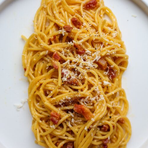 a big plate of spaghetti carbonara