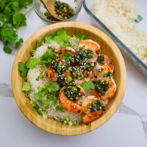 coconut rice with seared shrimp and scallion sauce