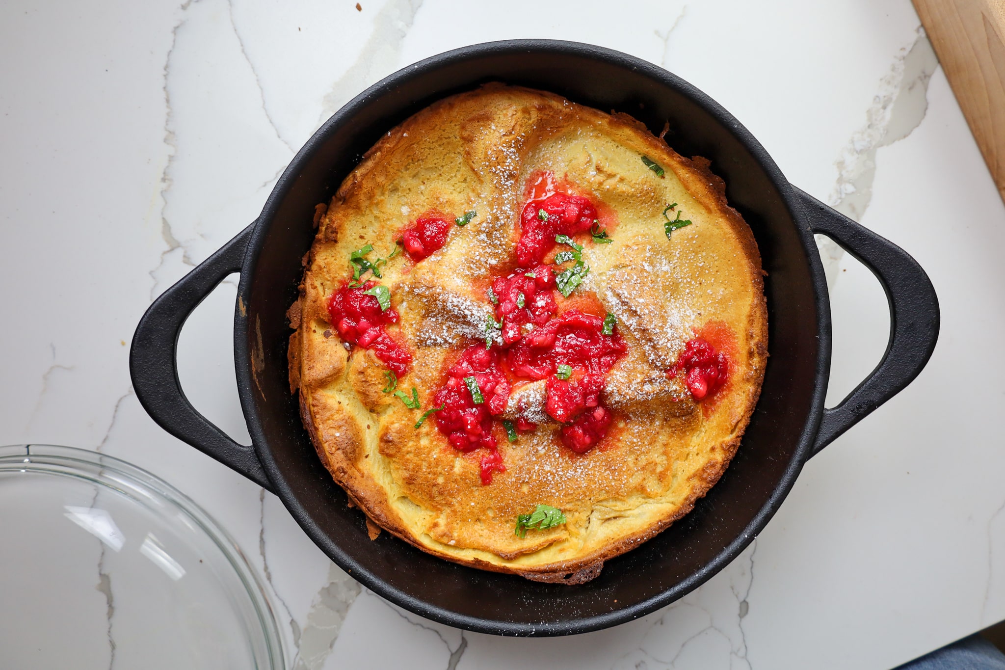 dutch pancake with rhubarb compote and mint