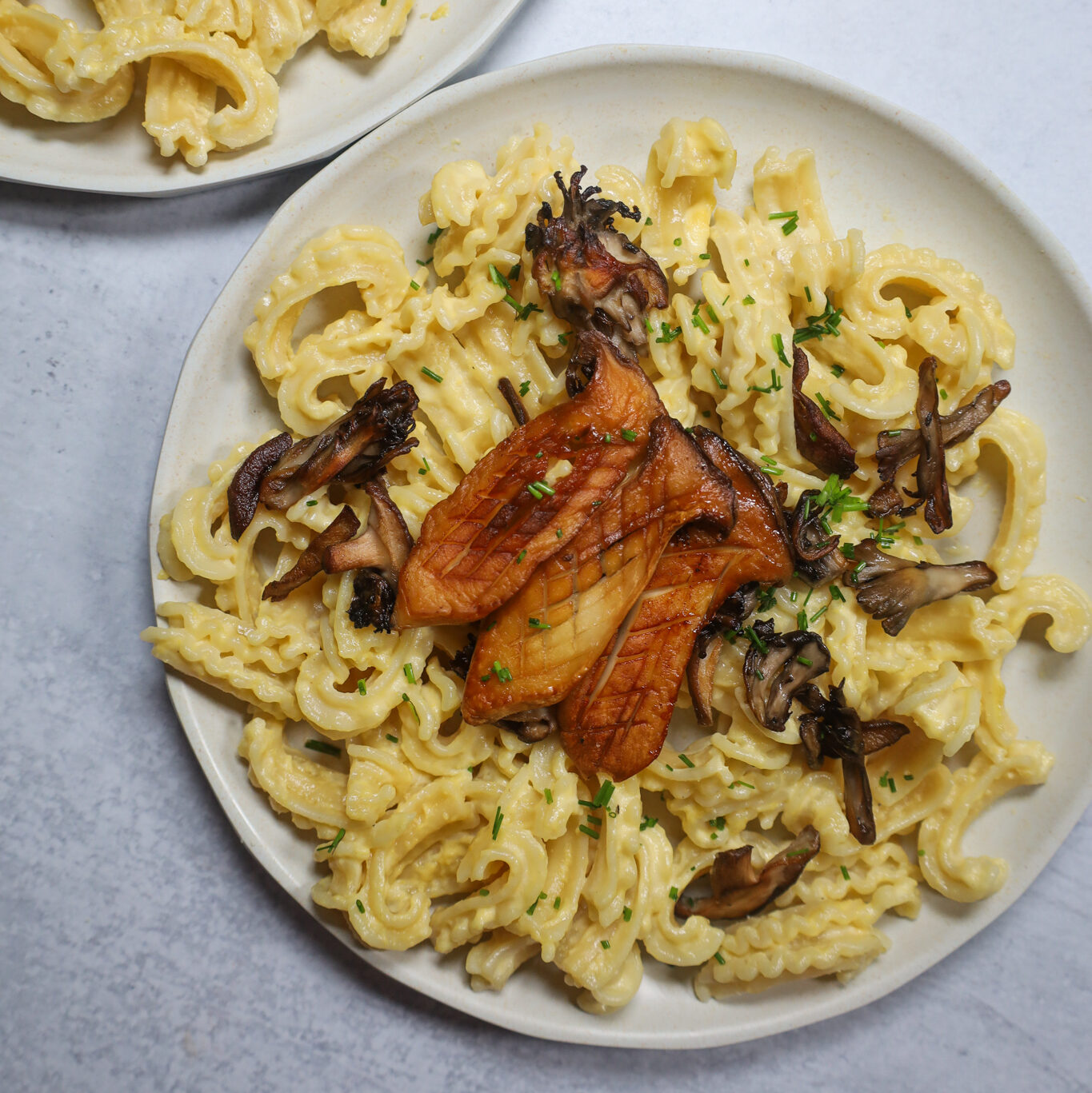 creamy corn pasta with chives and mushrooms