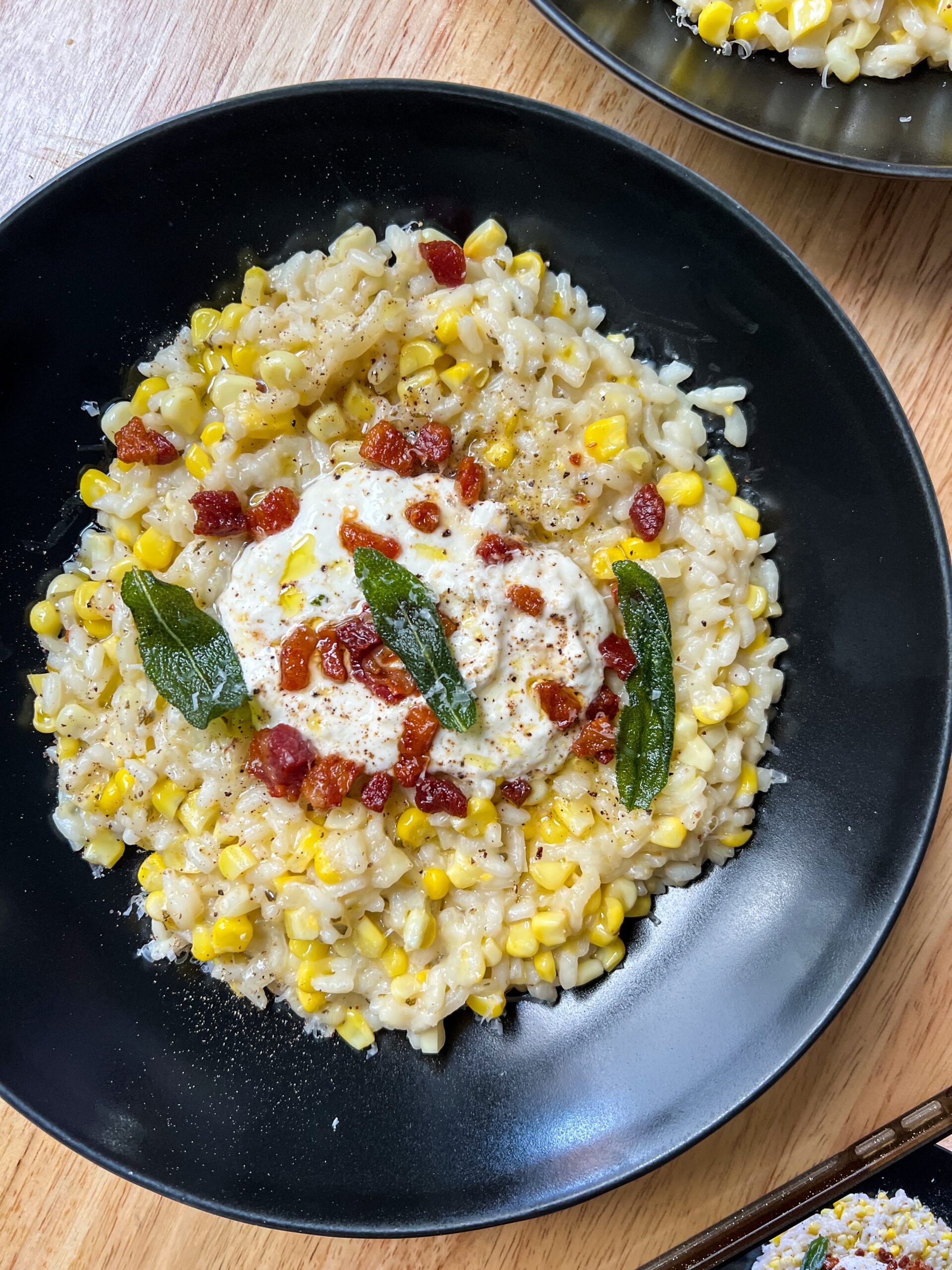 sweet corn risotto with burrata and pancetta