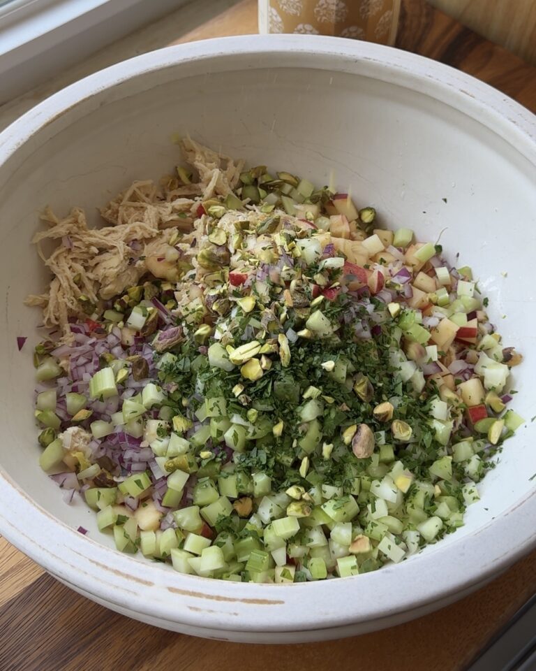 baba ganoush chicken salad with apples, celery, pistachios, parsley and onion