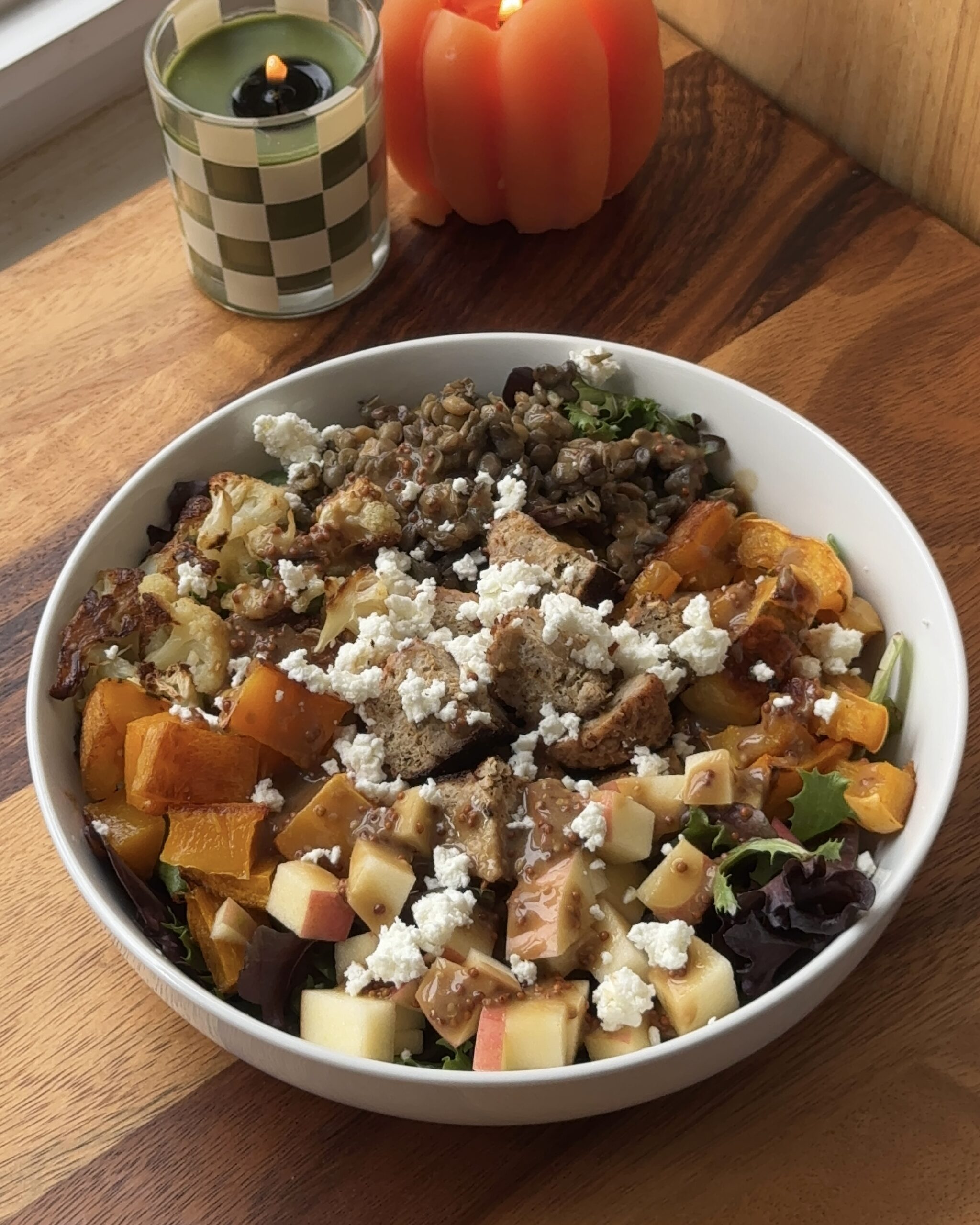 fall harvest bowl with balsamic turkey meatballs