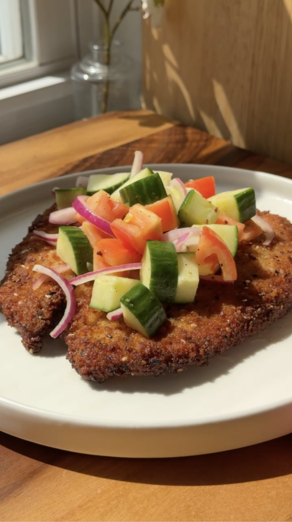 everything bagel chicken cutlet with chopped salad