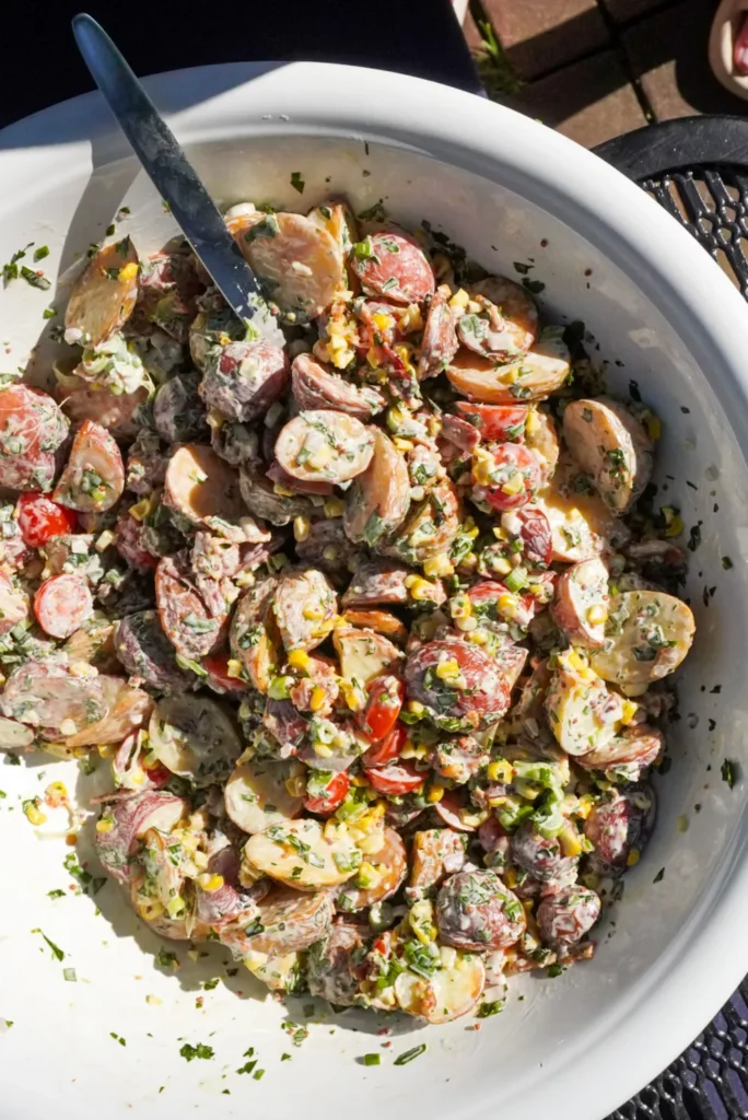herby roasted potato salad in a big white bowl