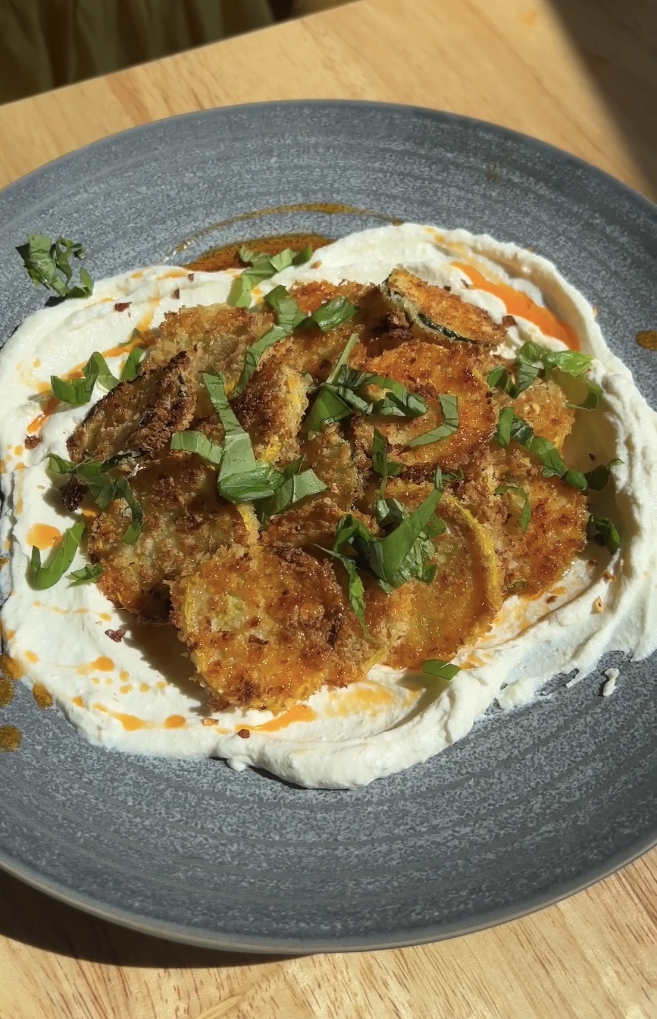Crispy Summer Squash with Lemony Ricotta, Basil and Chili Oil