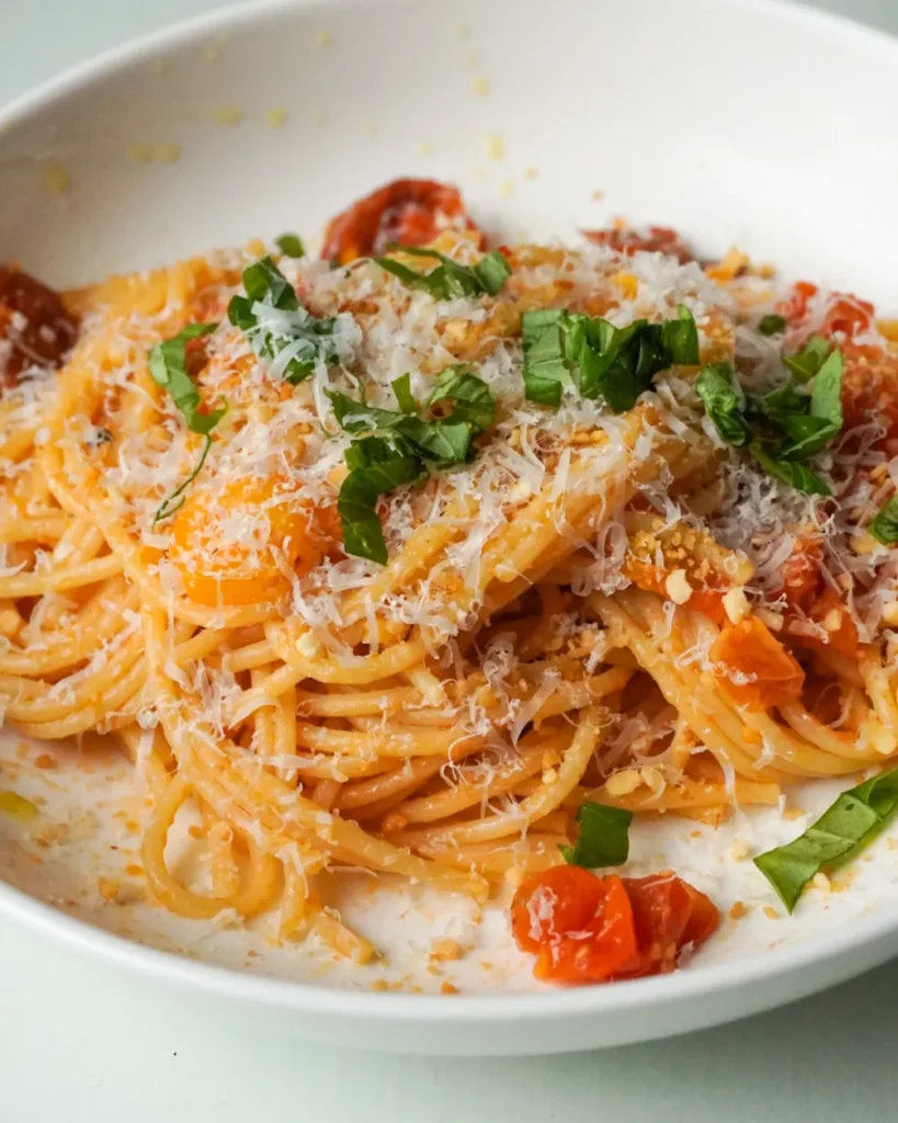 Bowl of tomato butter bucatini pasta topped with golden lemony breadcrumbs and fresh basil