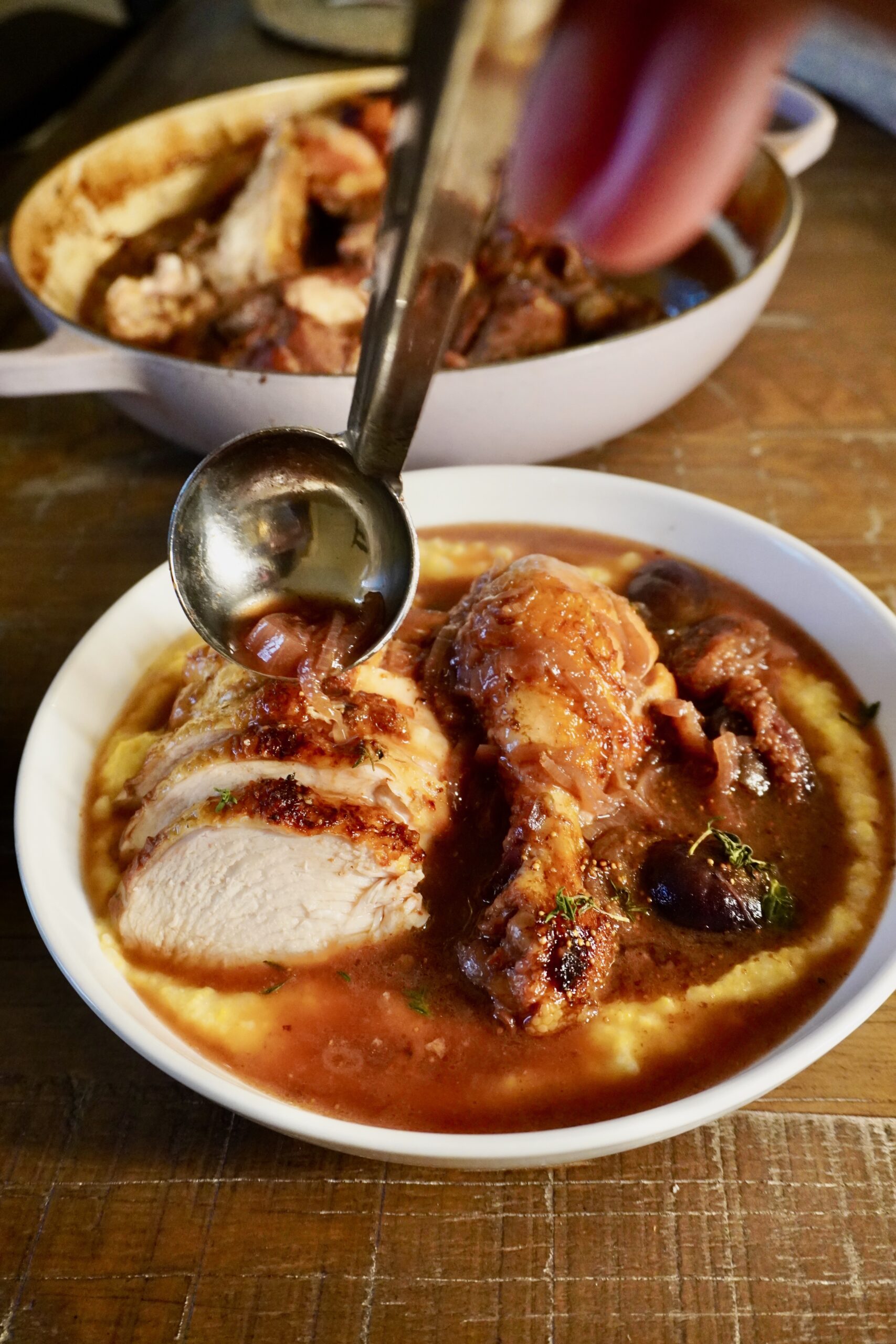 Red Wine Braised Chicken with Figs, Shallots and Goat Cheese Polenta