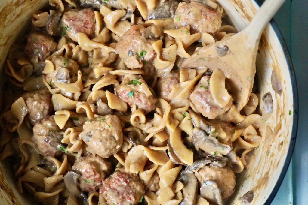 One-pot turkey stroganoff with creamy sauce and fresh herbs