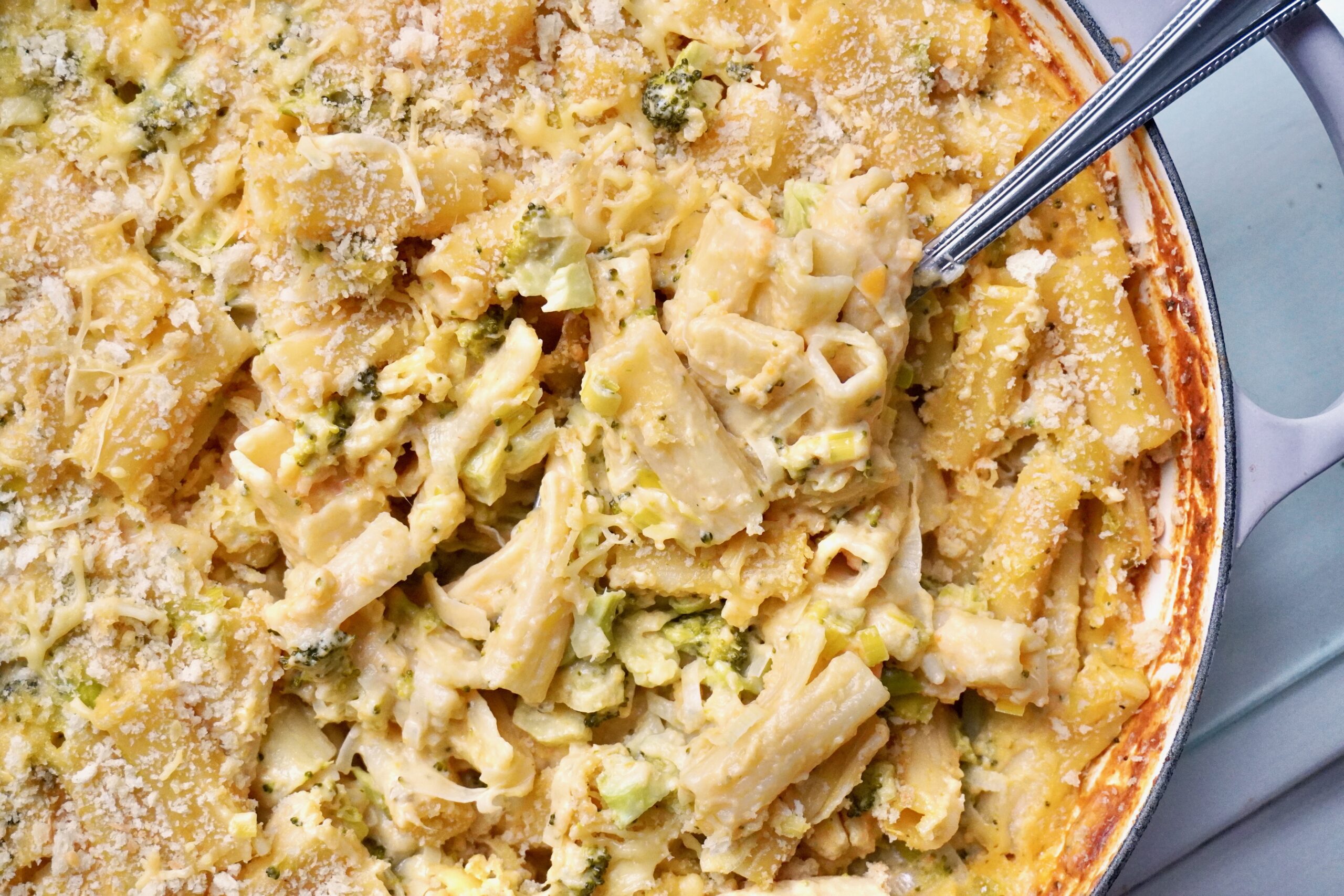 Sweet Potato Cheddar Mac with Broccoli and Leeks