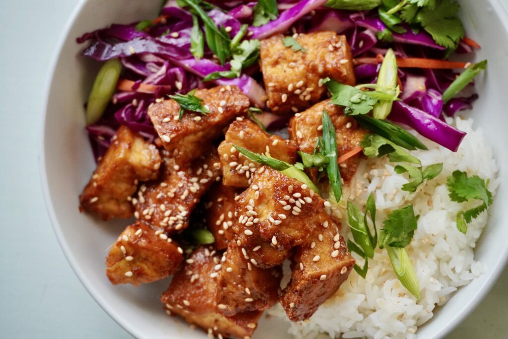 crispy orange tofu bowls