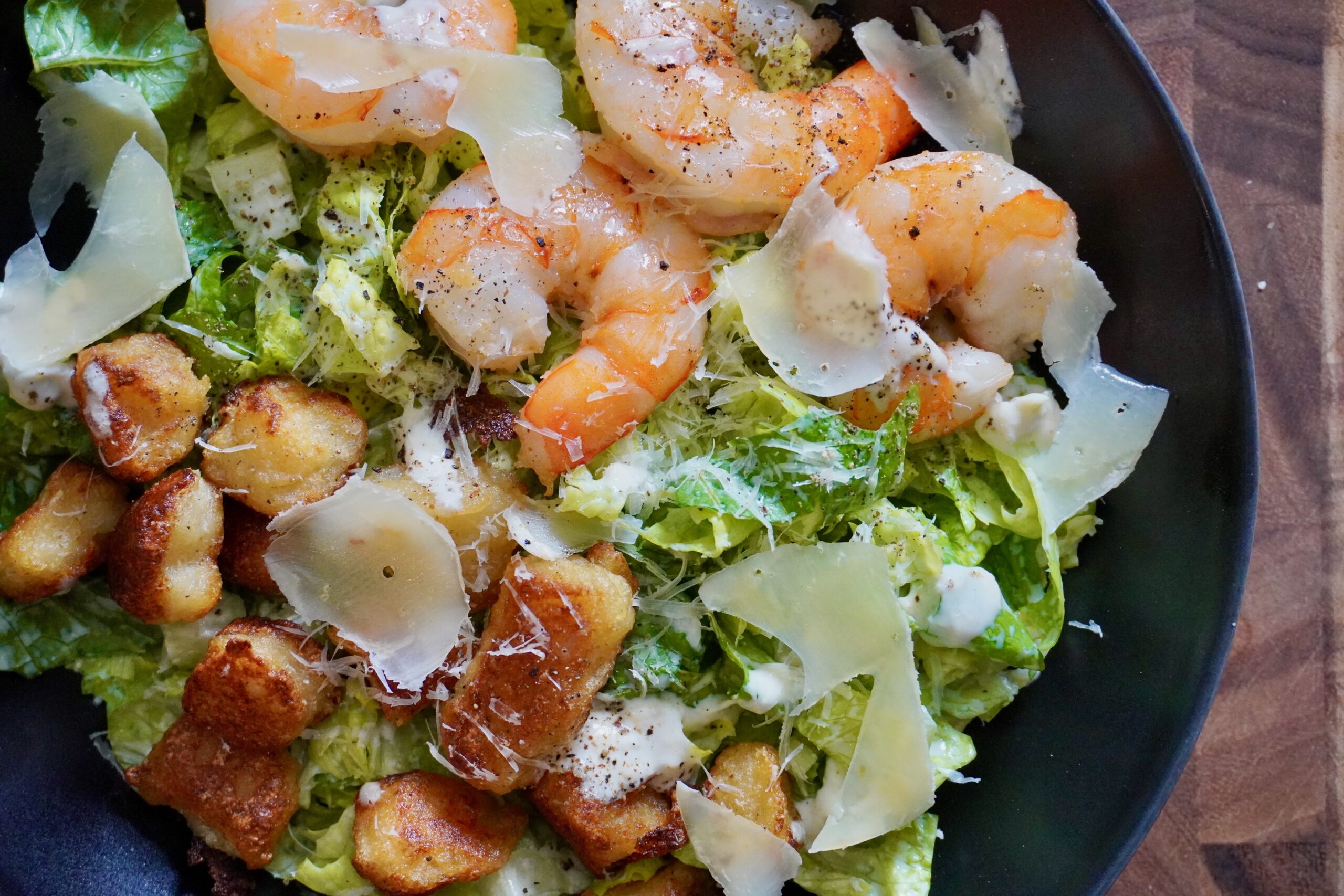 Shrimp Caesar Salad with Crispy Cauliflower Gnocchi