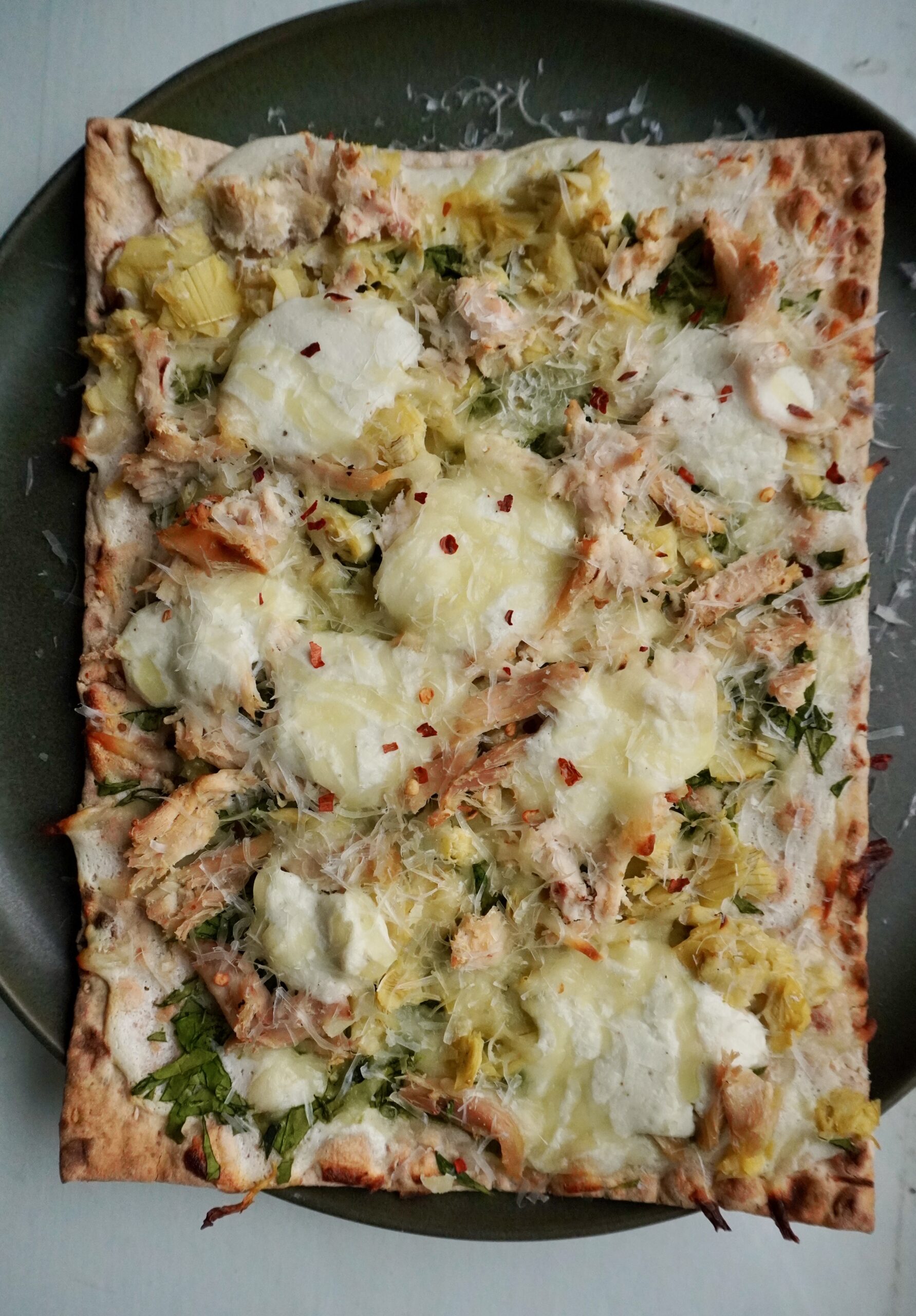 High-Protein Spinach Artichoke Chicken Flatbread