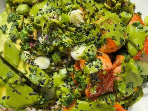 salmon salad with green goddess dressing Recipe: BLT Salmon Salad with Creamy Avocado Green Goddess Dressing