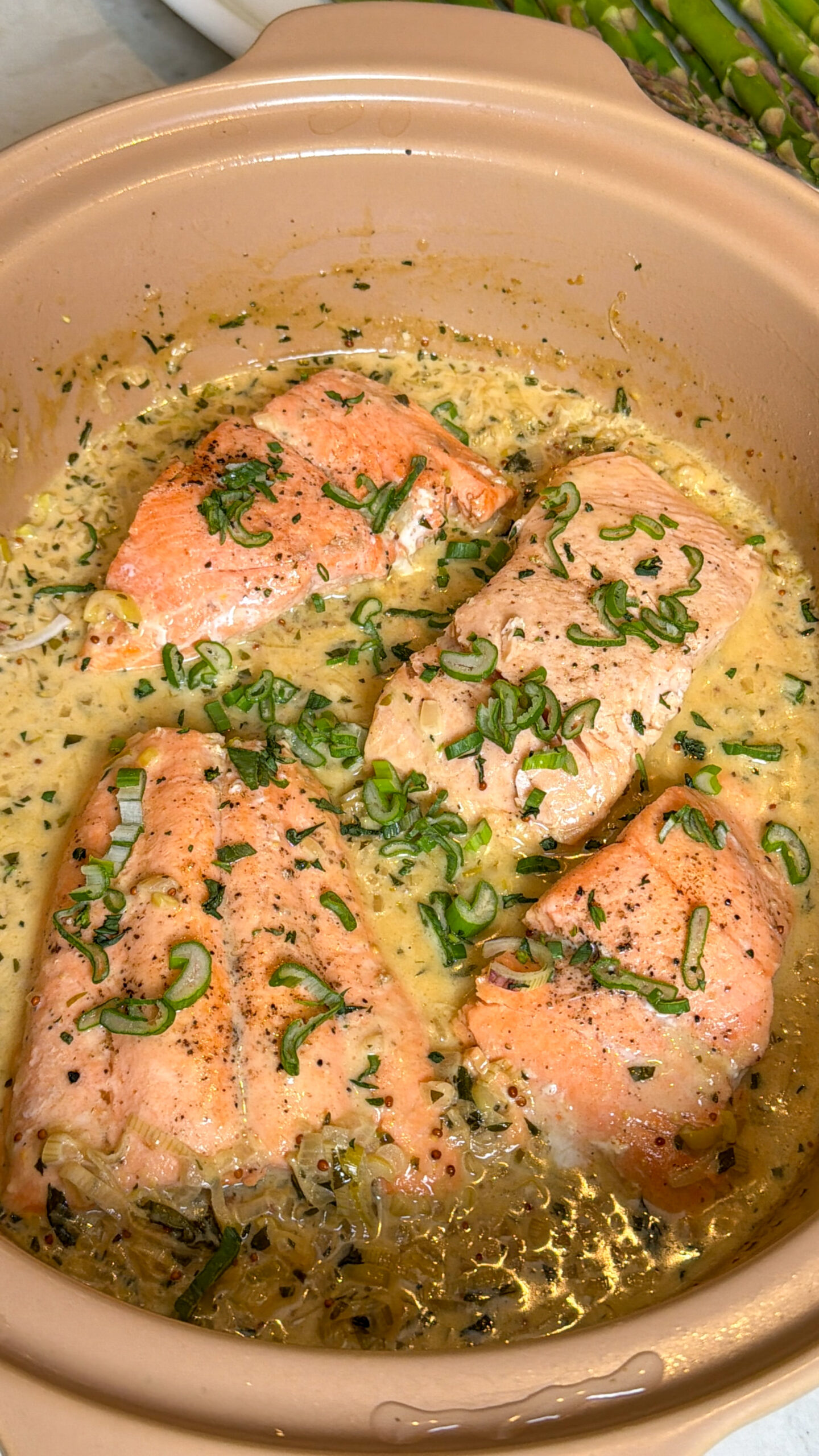 One-Pot Creamy Mustard Salmon with Asparagus