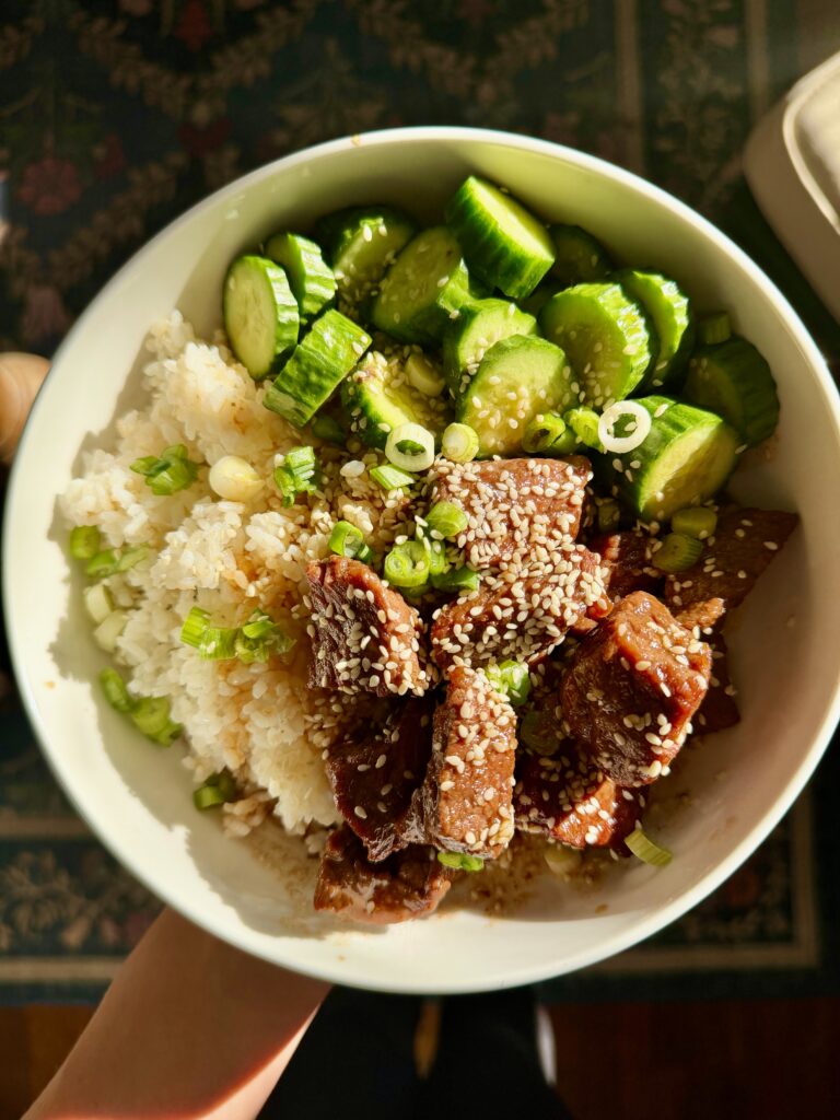 These Asian bbq steak bites are perfect to serve with sesame cucumber salad 
