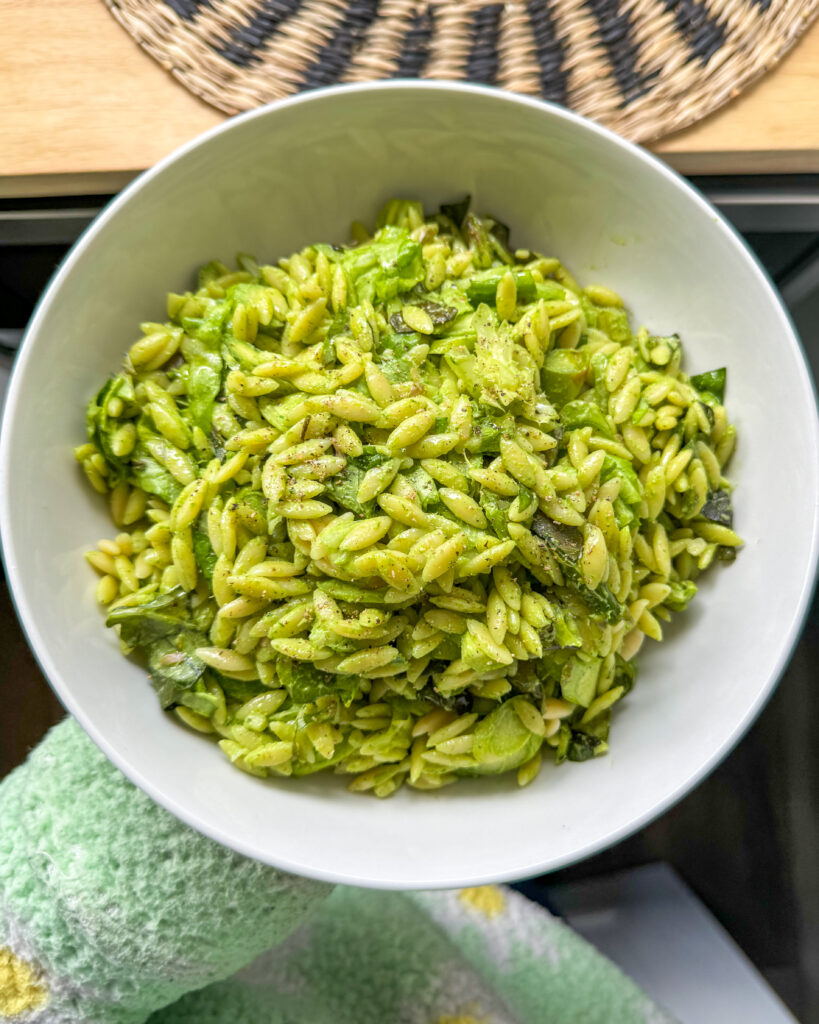 Fresh herb green goddess pasta salad ready for serving