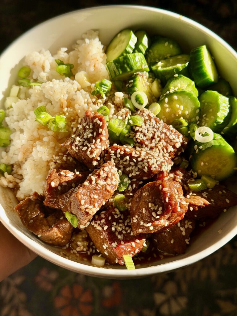 This Japanese steak bites recipe pairs well with sushi rice.