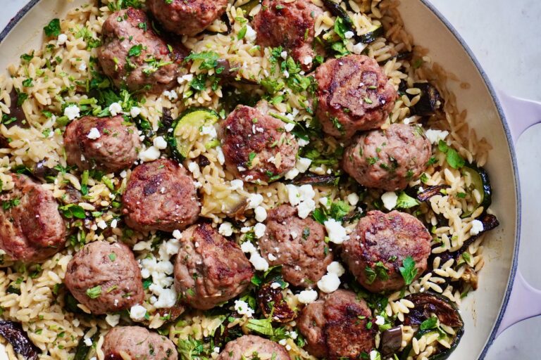 lemon orzo lamb meatballs served with roasted veggies