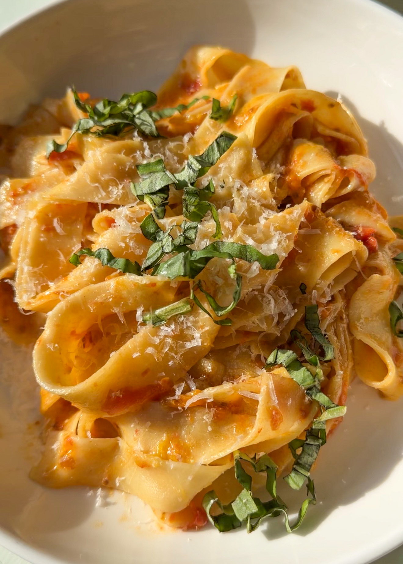 bowl of tomato garlic confit pasta with fresh basil and parmesan