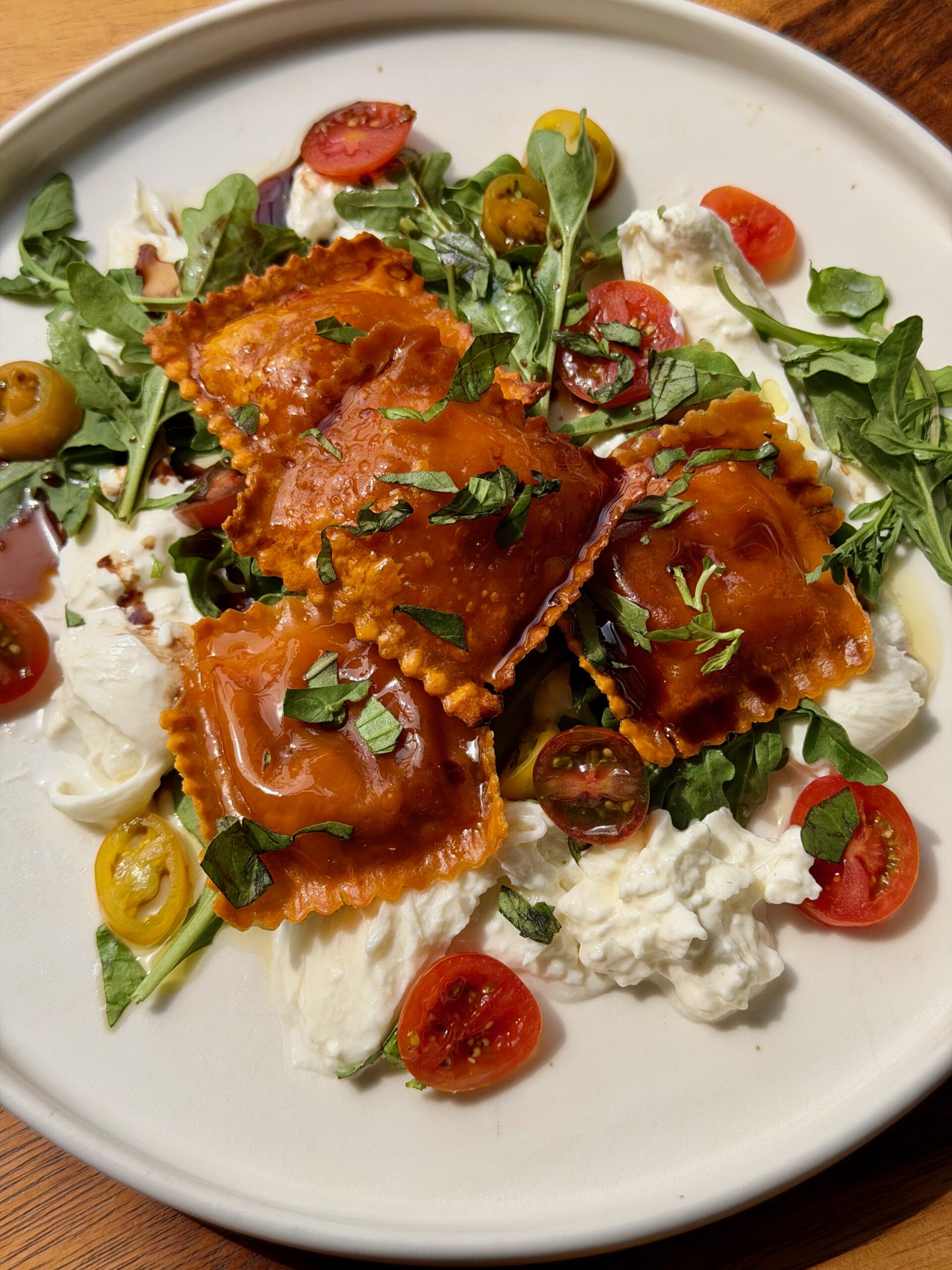 Frizzled Cheese Ravioli with Tomatoes, Arugula & Basil (Air Fryer or Oven Recipe)