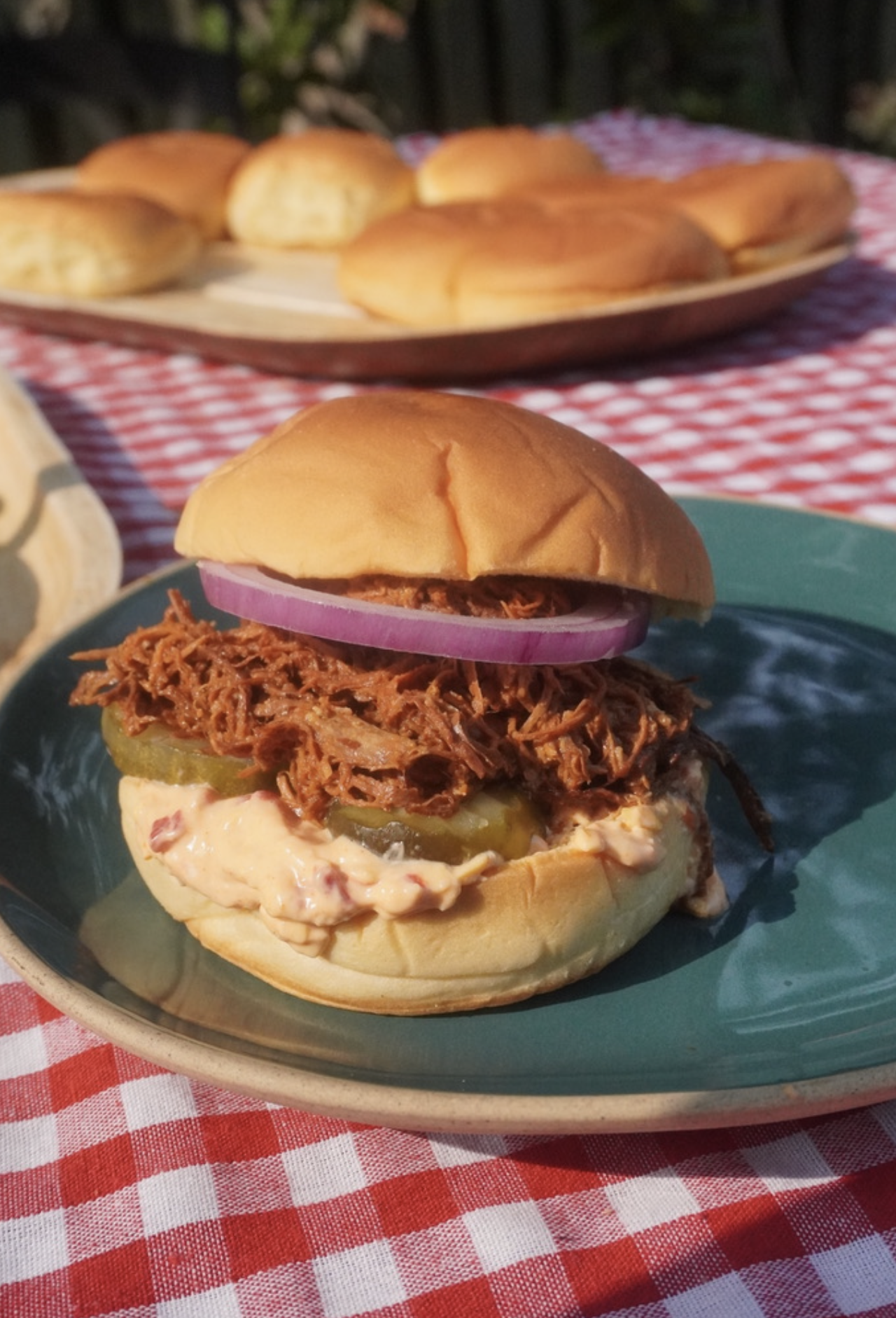 Pulled BBQ Chicken Sandwiches with Pimento and Pickles